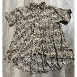 Entro Leopard Print High-Low Babydoll Button Down Top Small boho Tan Black big
